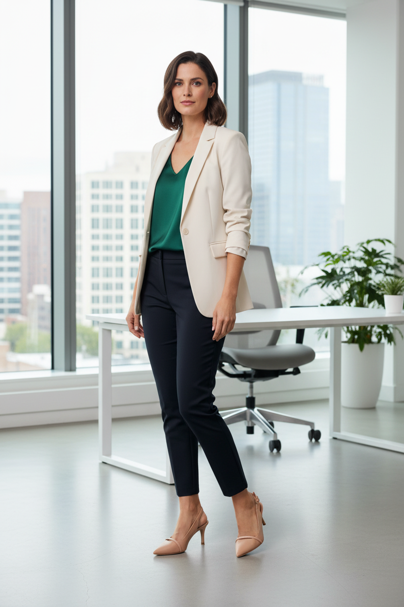 Business casual model with Kennedy slingback pumps