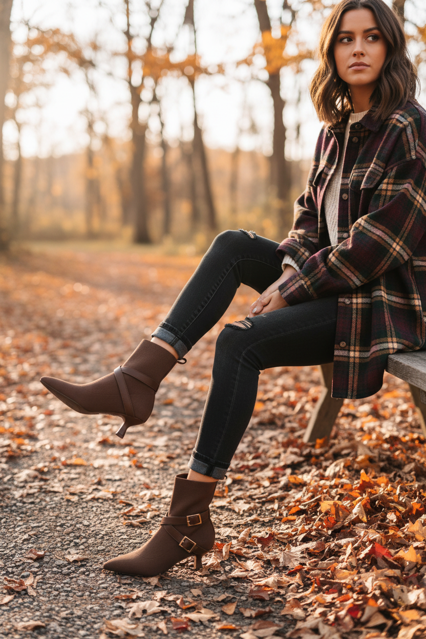 Model with brown booties in plaid shirt and denim