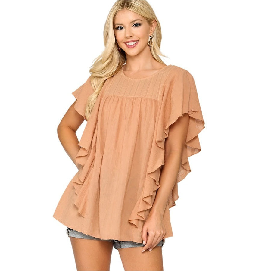 Textured Ruffle Sleeve Tunic Top with Back Keyhole
