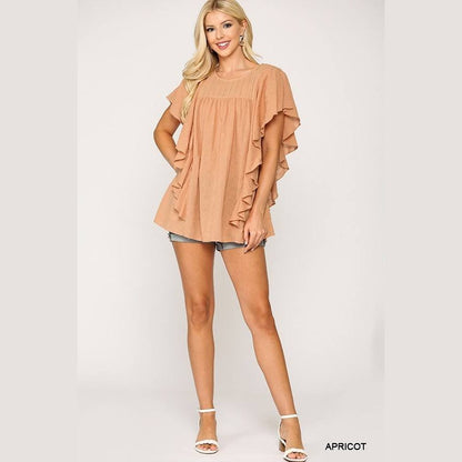 Textured Ruffle Sleeve Tunic Top with Back Keyhole