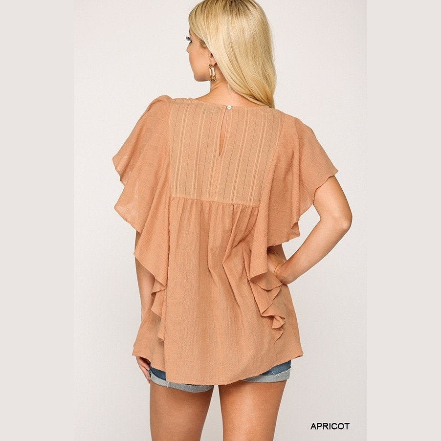 Textured Ruffle Sleeve Tunic Top with Back Keyhole