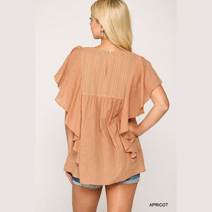 Textured Ruffle Sleeve Tunic Top with Back Keyhole