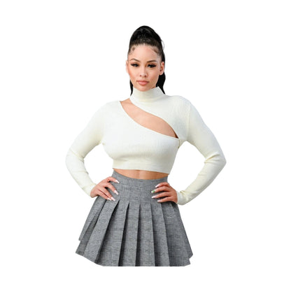 Lux Sweater Rib Cutout Mock Neck Crop Top
