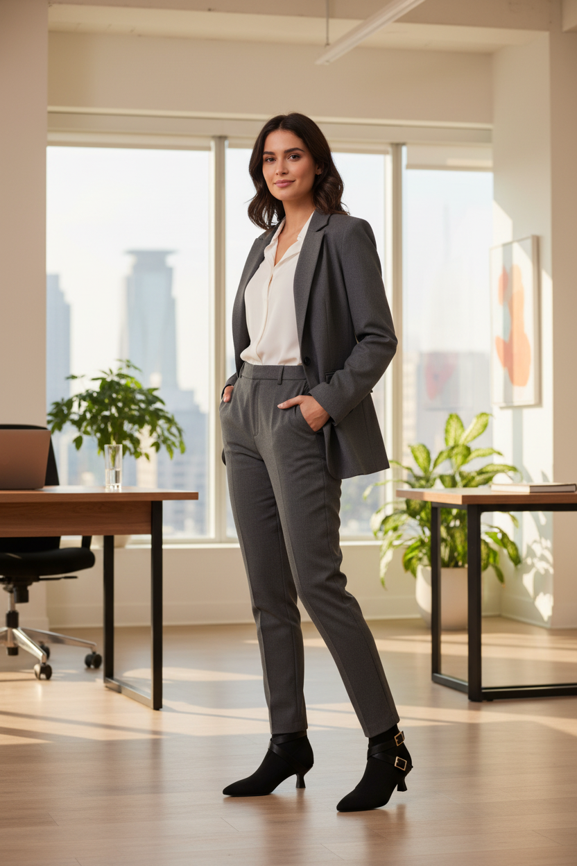 Businesswoman in blazer with black ankle booties