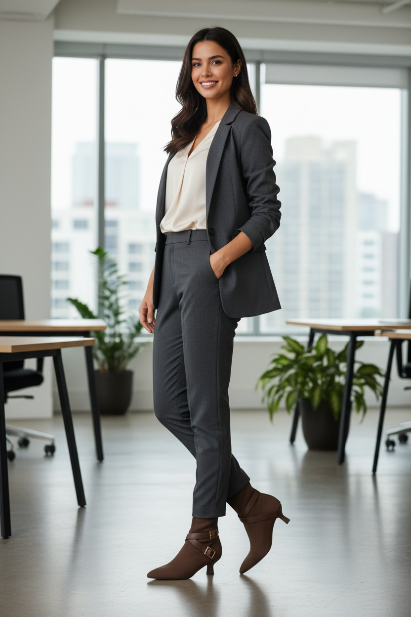 Businesswoman in blazer with brown ankle booties