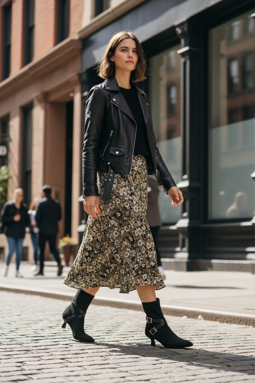 Casual chic model with black booties and midi skirt