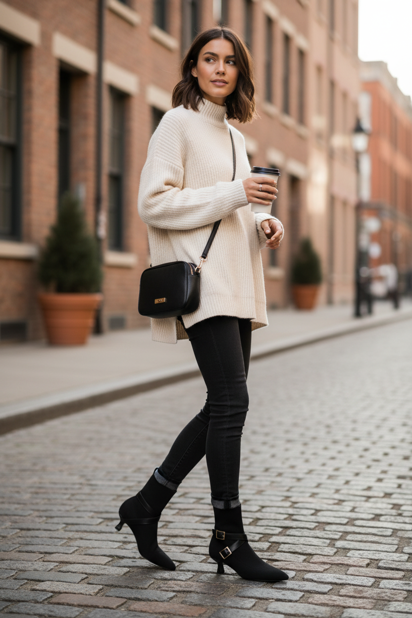 Casual model with black buckle booties and jeans