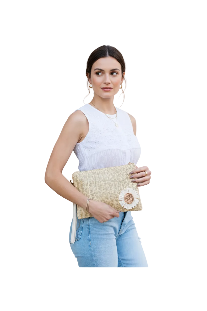 Female model holding clutch bag