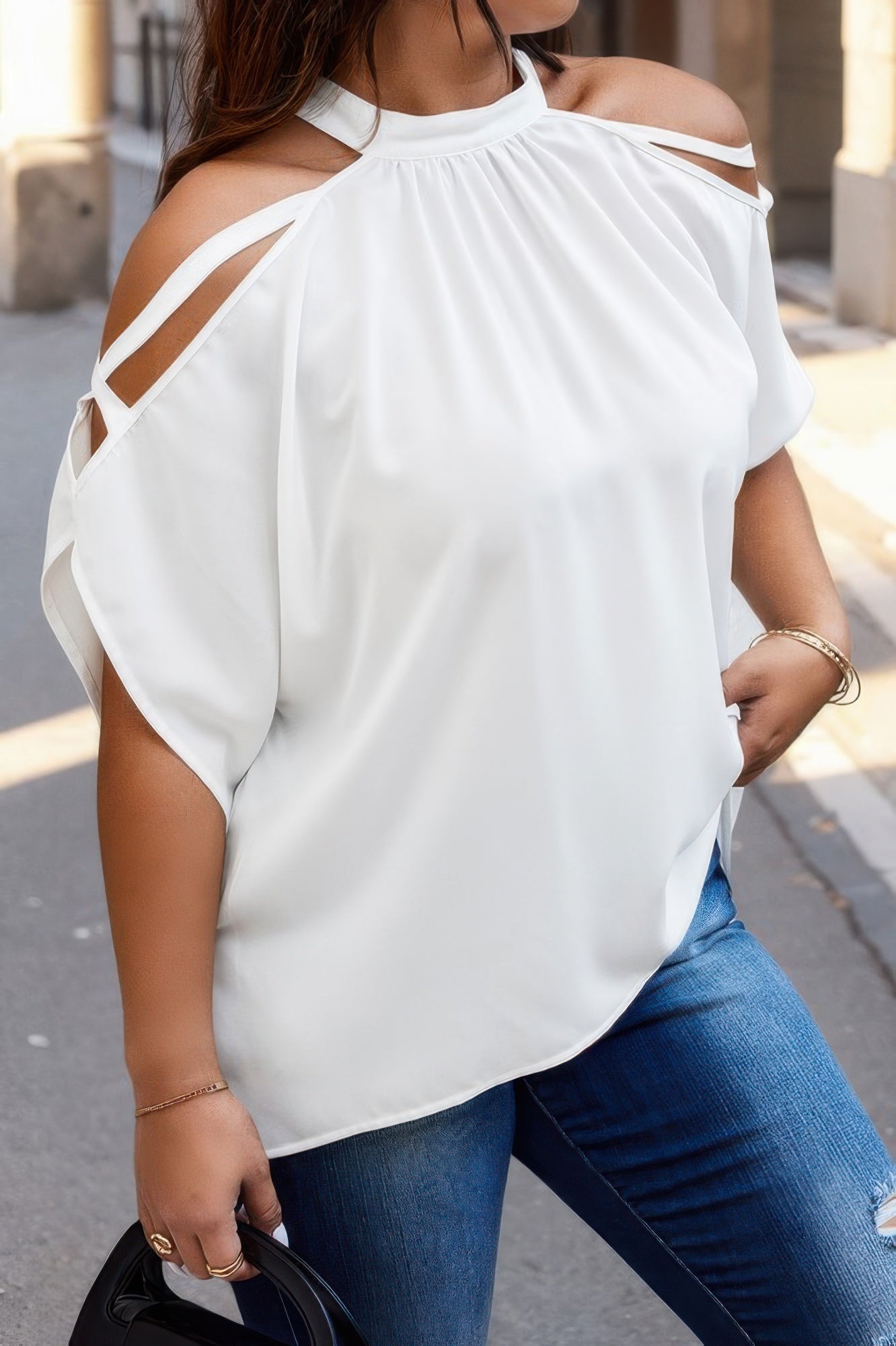 VacationGrabs Trendy Plus Size Cold Shoulder Shirt