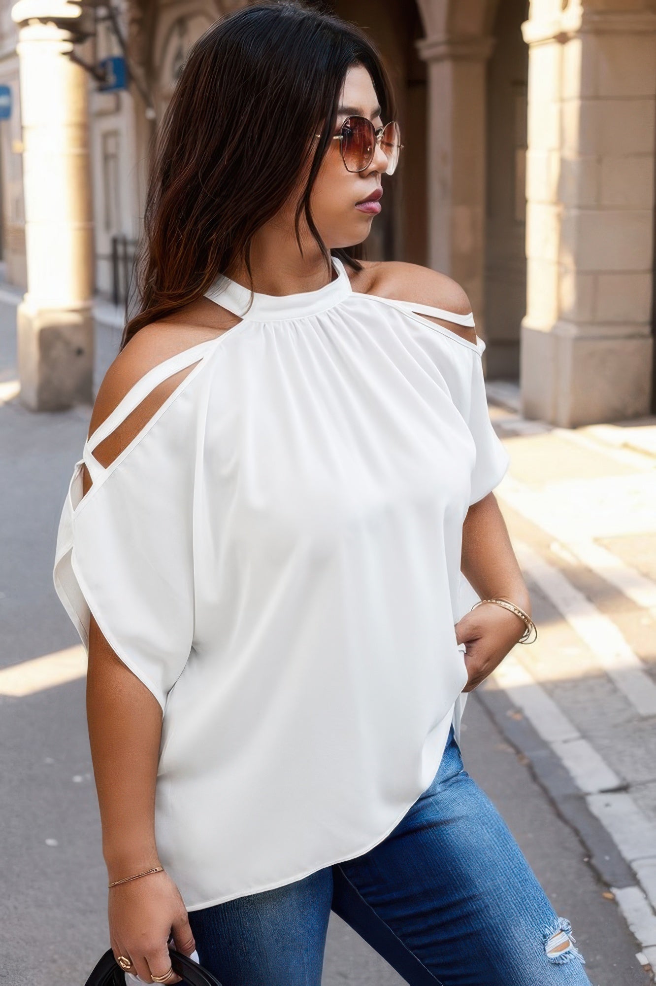 VacationGrabs Trendy Plus Size Cold Shoulder Shirt